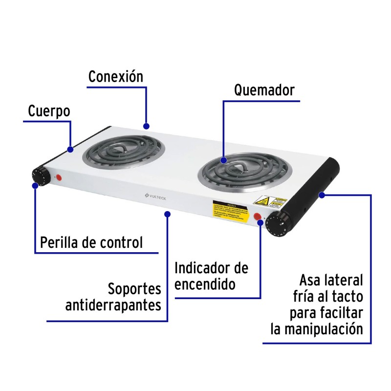Parrilla eléctrica 2 quemadores en espiral, blanca
