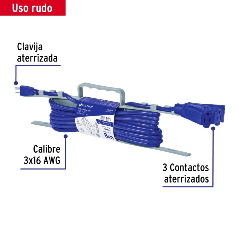 Extensión triple uso rudo 8 m tipo abanico 3x16 AWG