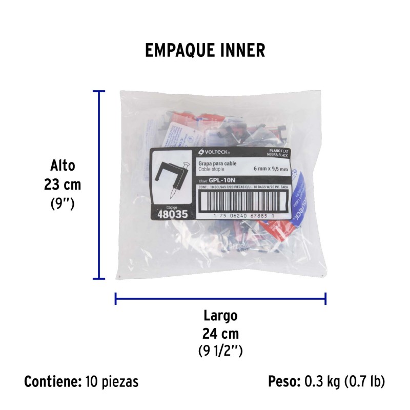 Bolsa con 20 grapas negras de 9.5 mm para cable plano