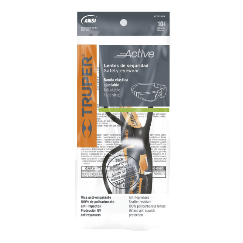 Lentes de seguridad, transparente con banda elástica, Active