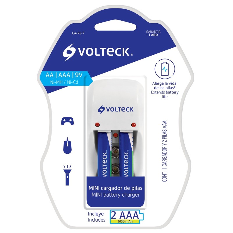 Cargador de pilas, AA, AAA y 9V, incluye 2 pilas AAA (600mAh)