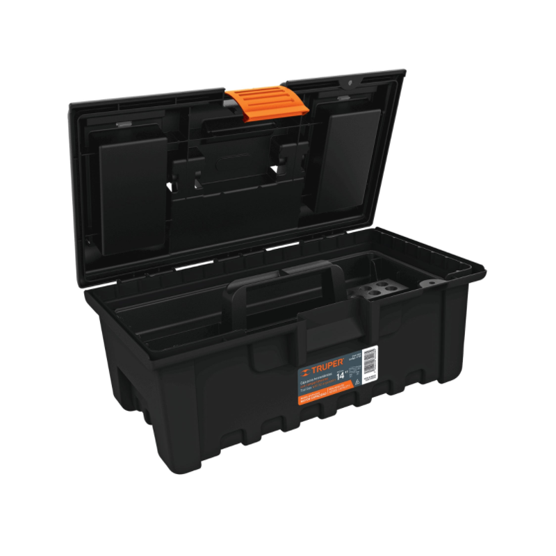 Caja plástica con compartimentos naranja de 14"