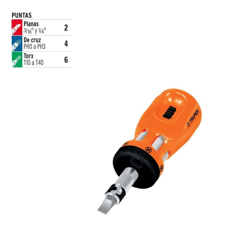 Desarmador tipo trompo con matraca, 6 puntas dobles.