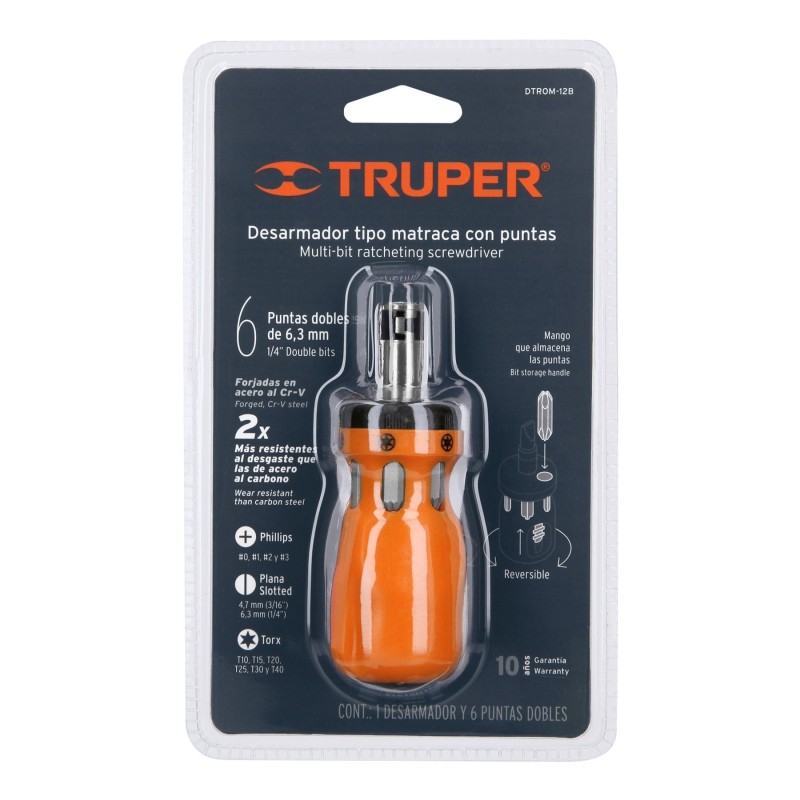 Desarmador tipo trompo con matraca, 6 puntas dobles.