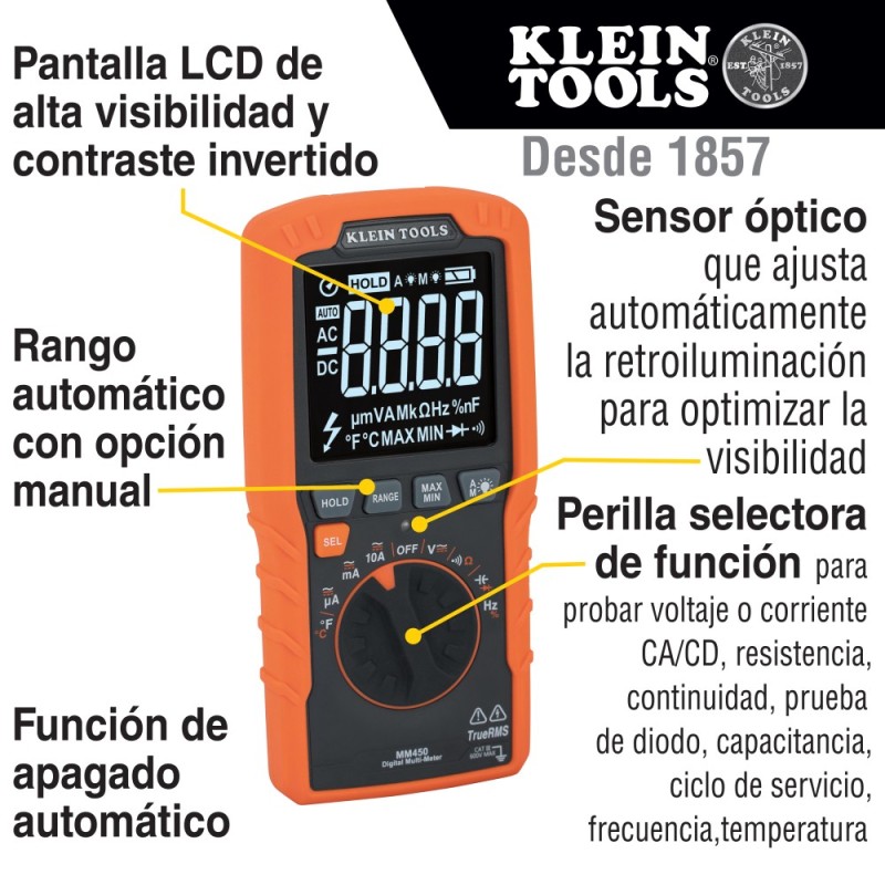 Multímetro digital delgado, de rango automático con TRMS, 600 V, temperatura Klein Tools