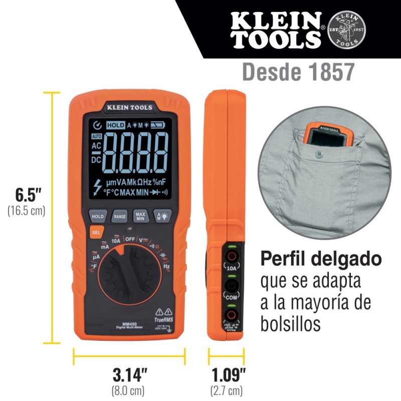 Multímetro digital delgado, de rango automático con TRMS, 600 V, temperatura Klein Tools