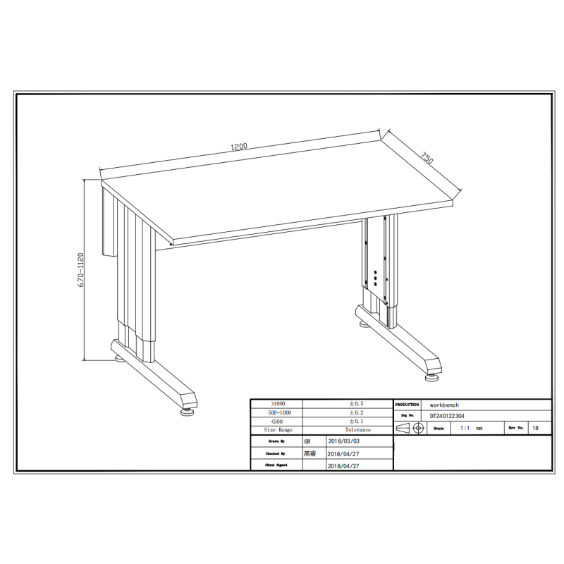 Mesa de trabajo ESD de 120cm con altura ajustable