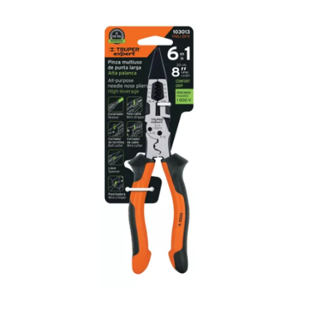 Pinza multiuso 8" punta larga, comfort grip, Truper expert