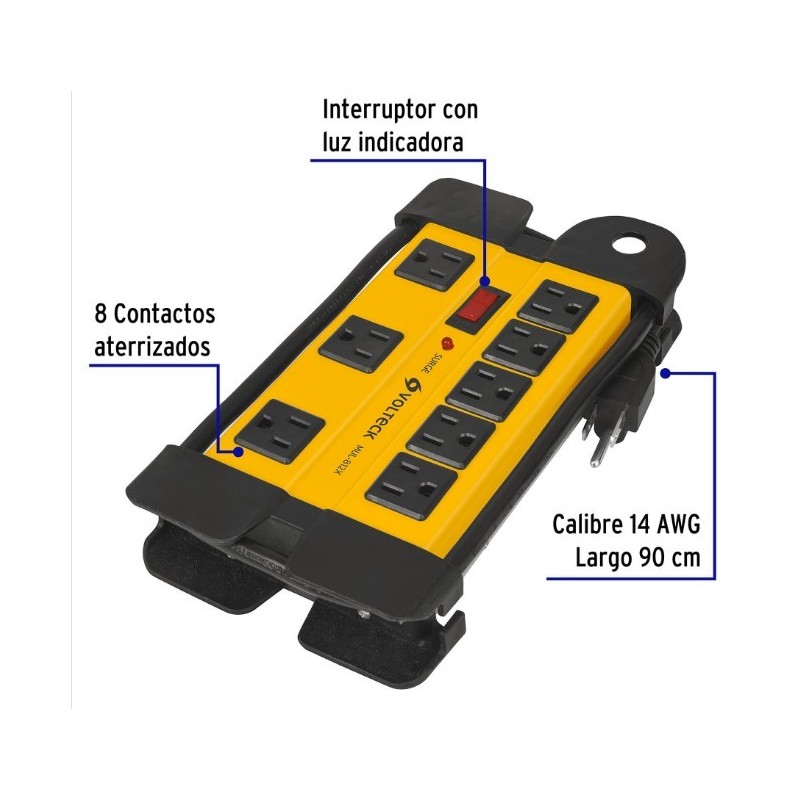 Multicontacto 14 AWG industrial supresor de picos 8 entradas.