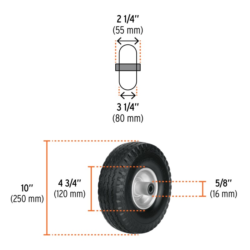 Rueda de poliuretano imponchable para eje lateral, 10"