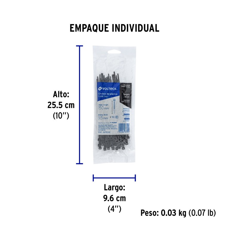 Cincho plástico negro de 15cm, Bolsa con 50 piezas
